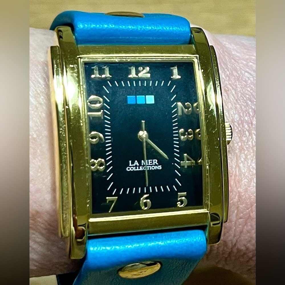 La Mer Collections Gold Tone & Black Rectangular Watch w/ Turquoise Blue Band